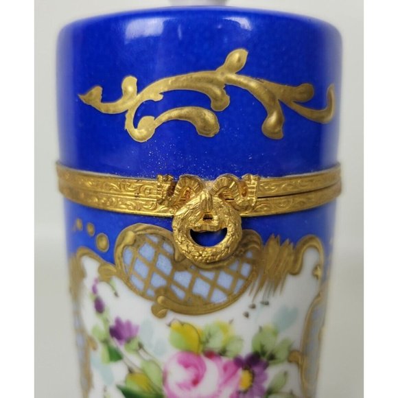 Vintage Limoges Main Hand Painted Blue Gold Floral Trinket Box Pillbox France - Picture 4 of 10